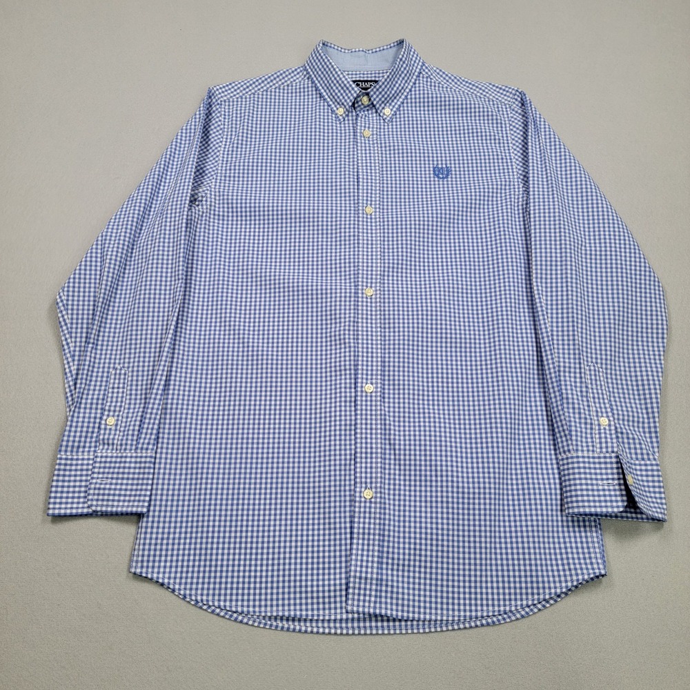 Boys Chaps Gingham Long Sleeve Button Down Shirt, Blue/White, Size XL, Pre-Owned